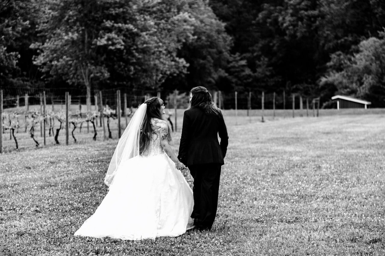 Couple in the Vineyards in Shamong, (Near Philadelphia) at Vineyard Estates for their wedding Day celebration.