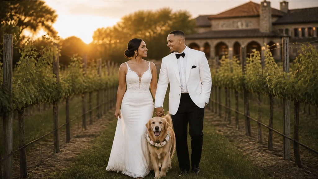 Outdoor Wedding Venues in NJ with couple and dog in vineyard