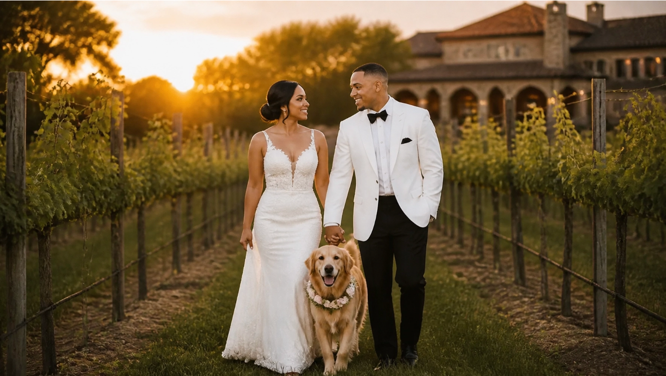 Outdoor Wedding Venues in NJ with couple and dog in vineyard